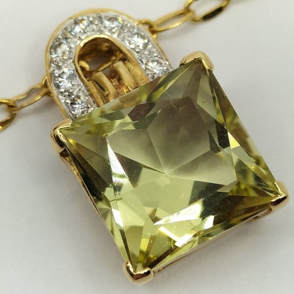 Genuine 18K Real Gold + Yellow Quartz Padlock Chain Necklace Diamonds GIA Tested - Picture 6 of 11